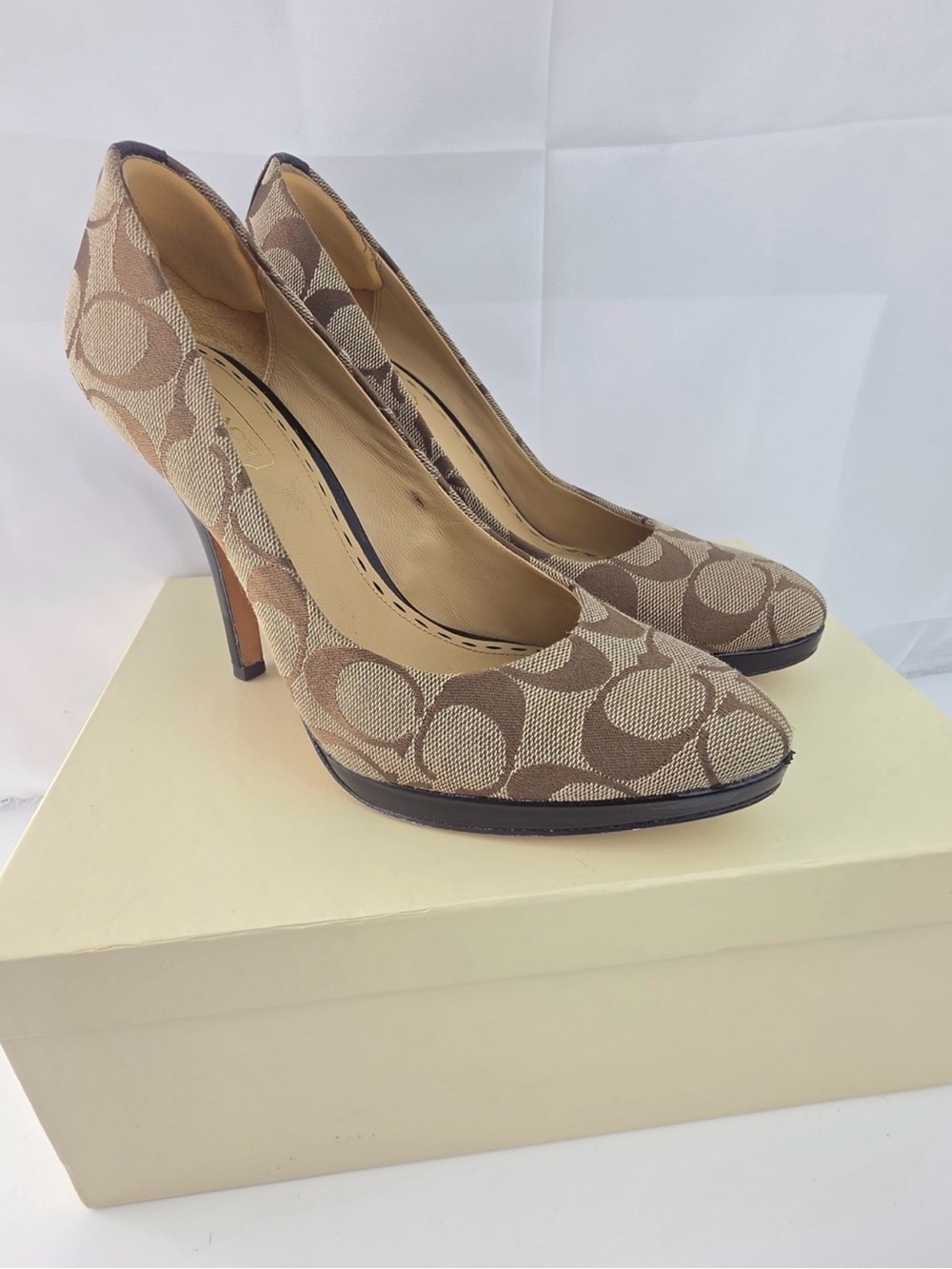 Coach Signature Canvas Pump Heels in Tan and Beige